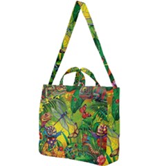 The Chameleon Colorful Mushroom Jungle Flower Insect Summer Dragonfly Square Shoulder Tote Bag by Cemarart