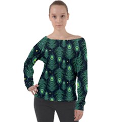 Peacock Pattern Off Shoulder Long Sleeve Velour Top by Cemarart