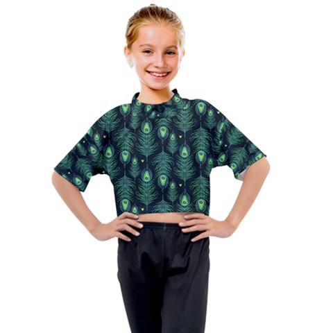 Peacock Pattern Kids Mock Neck T-shirt by Cemarart