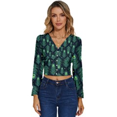 Peacock Pattern Long Sleeve V-neck Top by Cemarart