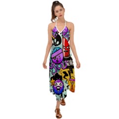 Cartoon Graffiti, Art, Black, Colorful Halter Tie Back Dress  by nateshop