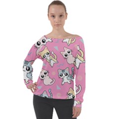 Cute Animal Little Cat Seamless Pattern Off Shoulder Long Sleeve Velour Top by Cemarart