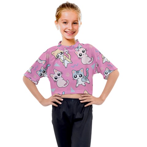 Cute Animal Little Cat Seamless Pattern Kids Mock Neck T-shirt by Cemarart