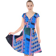 Fantasy City Architecture Building Cityscape Cap Sleeve Front Wrap Midi Dress by Cemarart