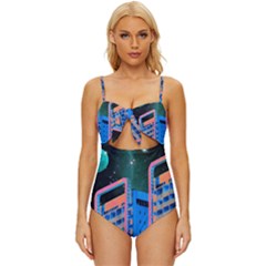 Fantasy City Architecture Building Cityscape Knot Front One-piece Swimsuit by Cemarart