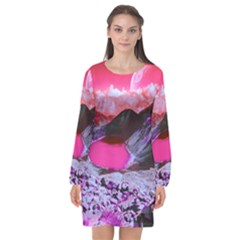 Late Night Feelings Aesthetic Clouds Color Manipulation Landscape Mountain Nature Surrealism Psicode Long Sleeve Chiffon Shift Dress  by Cemarart