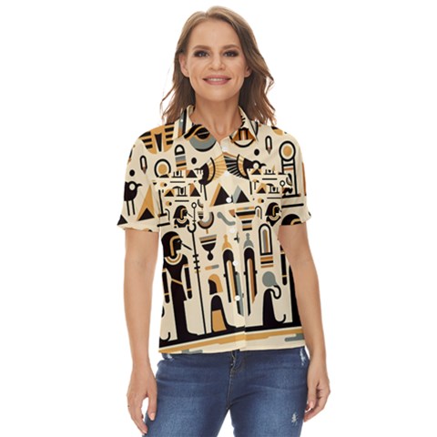 Egypt Pyramids Nature Desert Women s Short Sleeve Double Pocket Shirt by Proyonanggan