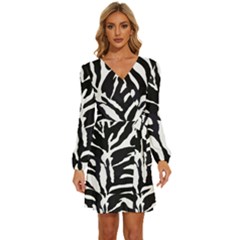 Zebra-black White Long Sleeve Waist Tie Ruffle Velvet Dress by nateshop