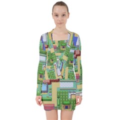 Pixel Map Game V-neck Bodycon Long Sleeve Dress by Cemarart