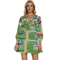 Pixel Map Game V-neck Placket Mini Dress by Cemarart