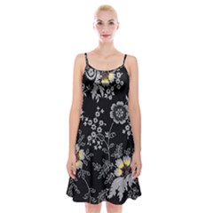 Black Background With Gray Flowers, Floral Black Texture Spaghetti Strap Velvet Dress by nateshop