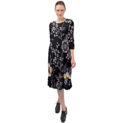 Black Background With Gray Flowers, Floral Black Texture Ruffle End Midi Chiffon Dress by nateshop