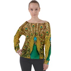 Peacock Feather Bird Peafowl Off Shoulder Long Sleeve Velour Top by Cemarart