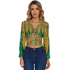 Peacock Feather Bird Peafowl Long Sleeve V-neck Top by Cemarart