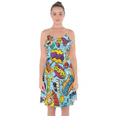 Graffiti Word Seamless Pattern Ruffle Detail Chiffon Dress by Bedest