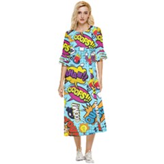 Vintage Art Tattoos Colorful Seamless Pattern Double Cuff Midi Dress by Bedest