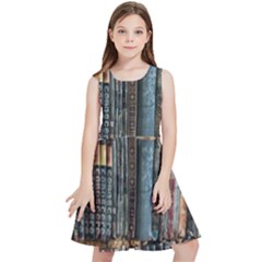 Assorted Title Of Books Piled In The Shelves Assorted Book Lot Inside The Wooden Shelf Kids  Skater Dress by Bedest