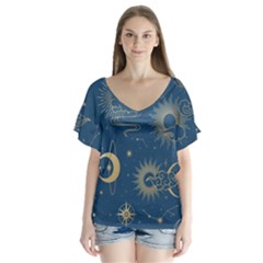 Asian Seamless Galaxy Pattern V-neck Flutter Sleeve Top by Cemarart