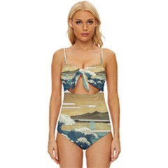 Sea Asia Waves Japanese Art The Great Wave Off Kanagawa Knot Front One-piece Swimsuit by Cemarart