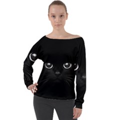 Black Cat Face Off Shoulder Long Sleeve Velour Top by Cemarart