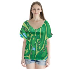 Golf Course Par Golf Course Green V-neck Flutter Sleeve Top by Cemarart