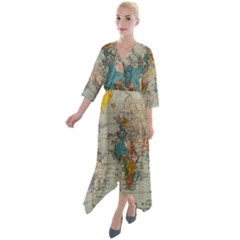 Vintage World Map Quarter Sleeve Wrap Front Maxi Dress by Proyonanggan