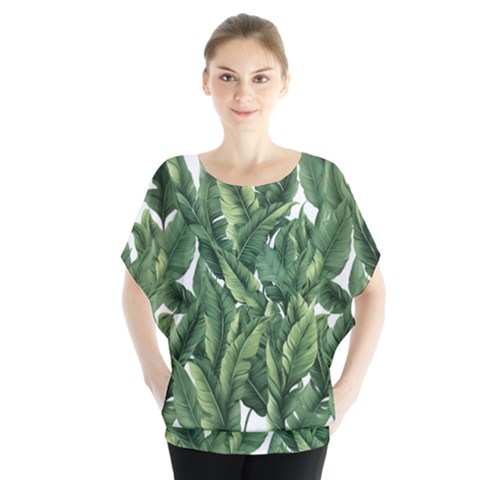 Green Banana Leaves Batwing Chiffon Blouse by goljakoff