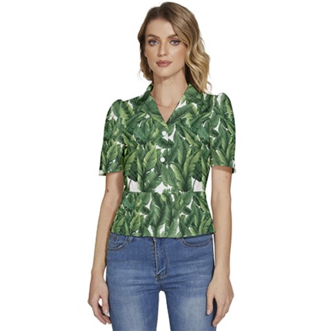 Green Banana Leaves Puffed Short Sleeve Button Up Jacket by goljakoff