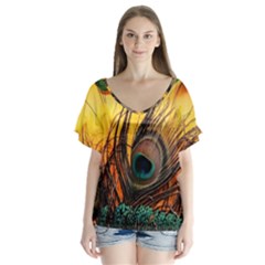 City Light Sky Landmark Painting V-neck Flutter Sleeve Top by Cemarart