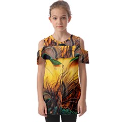 Oceans Stunning Painting Sunset Scenery Wave Paradise Beache Mountains Fold Over Open Sleeve Top by Cemarart