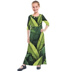 Banana Leaves Pattern Kids  Quarter Sleeve Maxi Dress by goljakoff