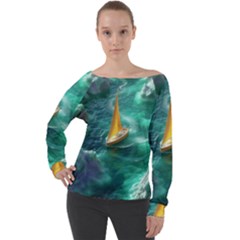 Dolphin Swimming Sea Ocean Off Shoulder Long Sleeve Velour Top by Cemarart