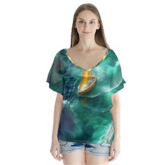 Dolphins Sea Ocean V-neck Flutter Sleeve Top by Cemarart