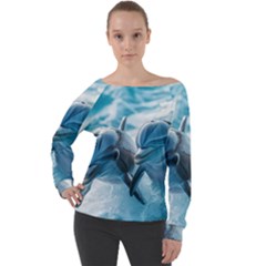 Dolphin Swimming Sea Ocean Off Shoulder Long Sleeve Velour Top by Cemarart