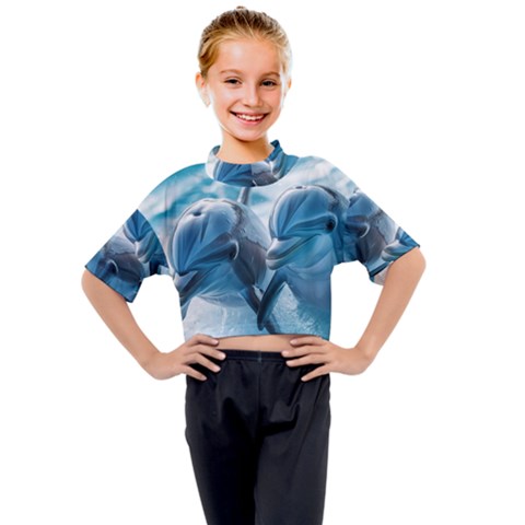 Dolphin Swimming Sea Ocean Kids Mock Neck T-shirt by Cemarart