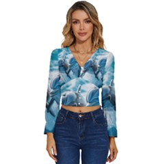 Dolphin Swimming Sea Ocean Long Sleeve V-neck Top by Cemarart