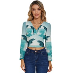 Dolphin Sea Ocean Long Sleeve V-neck Top by Cemarart