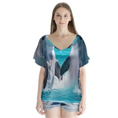 Dolphins Sea Ocean V-neck Flutter Sleeve Top by Cemarart