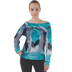 Dolphins Sea Ocean Off Shoulder Long Sleeve Velour Top by Cemarart