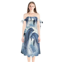 Dolphins Sea Ocean Water Shoulder Tie Bardot Midi Dress by Cemarart