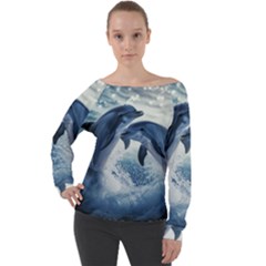 Dolphins Sea Ocean Water Off Shoulder Long Sleeve Velour Top by Cemarart