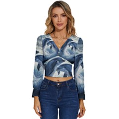 Dolphins Sea Ocean Water Long Sleeve V-neck Top by Cemarart