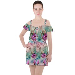 Love Amour Butterfly Colors Flowers Text Ruffle Cut Out Chiffon Playsuit by Grandong