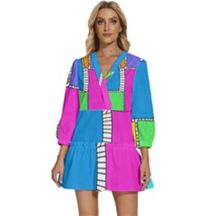 Shapes Texture Colorful Cartoon V-neck Placket Mini Dress by Cemarart