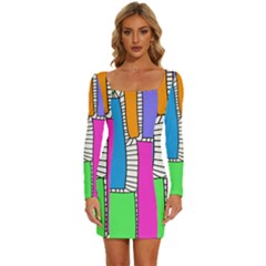 Shapes Texture Colorful Cartoon Long Sleeve Square Neck Bodycon Velvet Dress by Cemarart