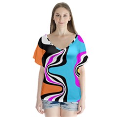 Liquid Warp Background Orange Blue V-neck Flutter Sleeve Top by Cemarart