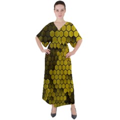 Yellow Hexagons 3d Art Honeycomb Hexagon Pattern V-neck Boho Style Maxi Dress by Cemarart