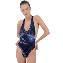 Fractal Cube 3d Art Nightmare Abstract Backless Halter One Piece Swimsuit by Cemarart