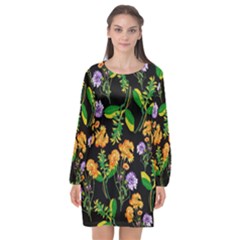 Flowers Pattern Art Floral Texture Long Sleeve Chiffon Shift Dress  by Cemarart