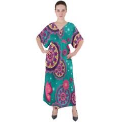 Floral Pattern Abstract Colorful Flow Oriental Spring Summer V-neck Boho Style Maxi Dress by Cemarart